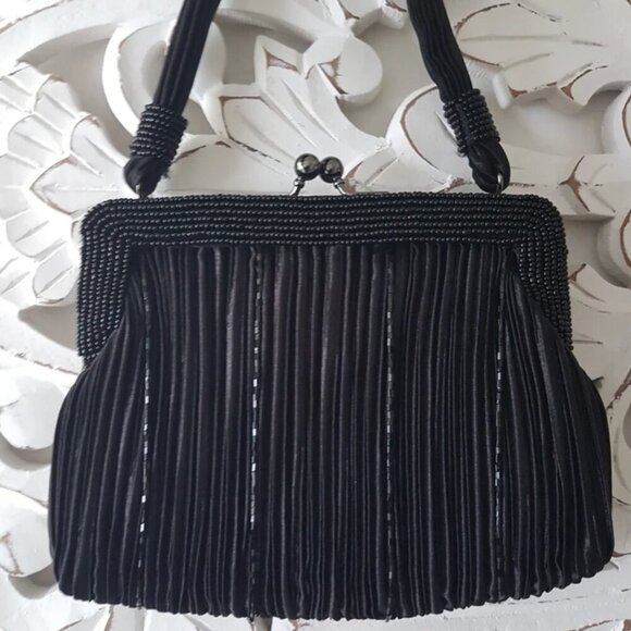 Jessica McClintock Black Beaded Evening Bag with Kiss Lock - Picture 2 of 10